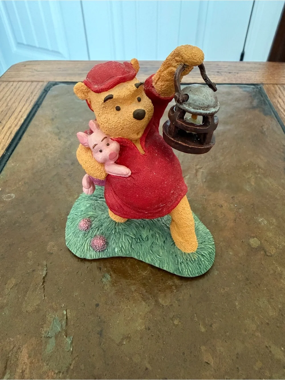 Vintage Disney Winnie the Pooh Figurine in Red Sweater with Piglet and Lantern